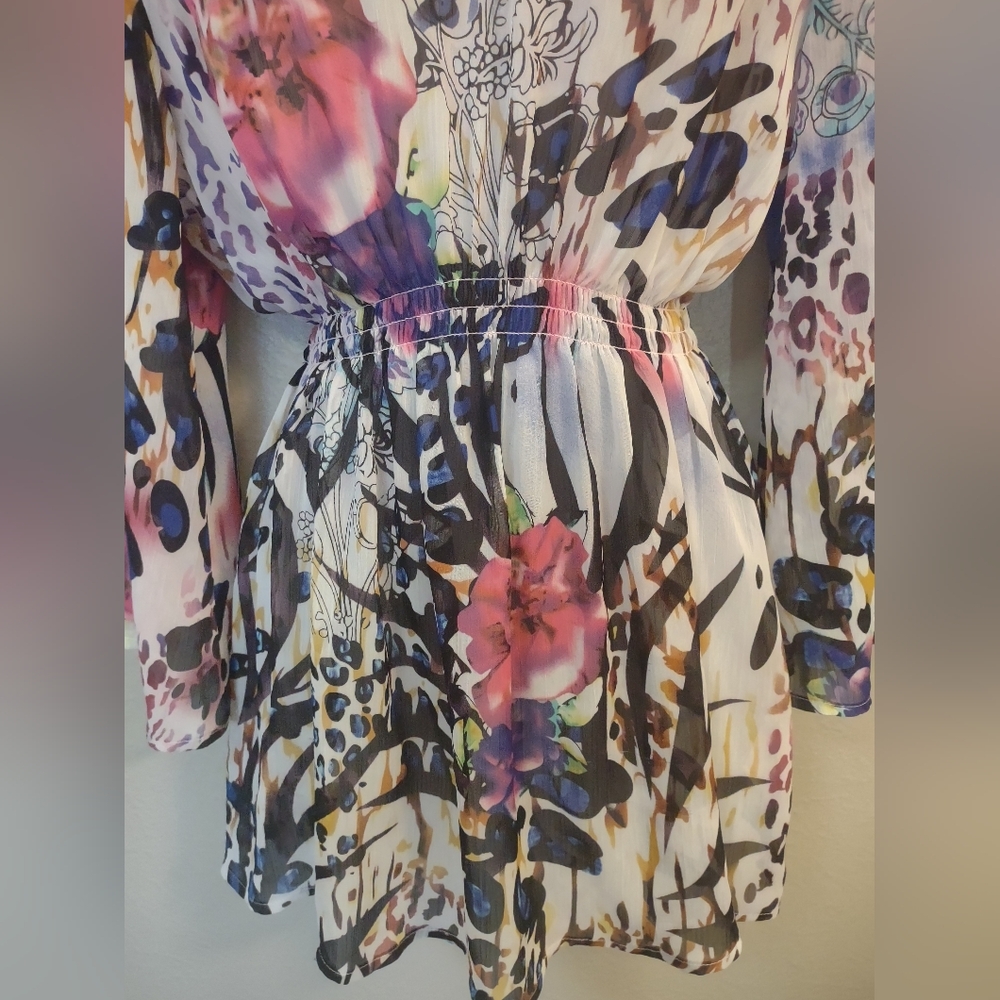 Boston Proper Mixed Print Beaded V-Neck Tunic Top - Size L - Boho Animal Floral - Picture 10 of 14